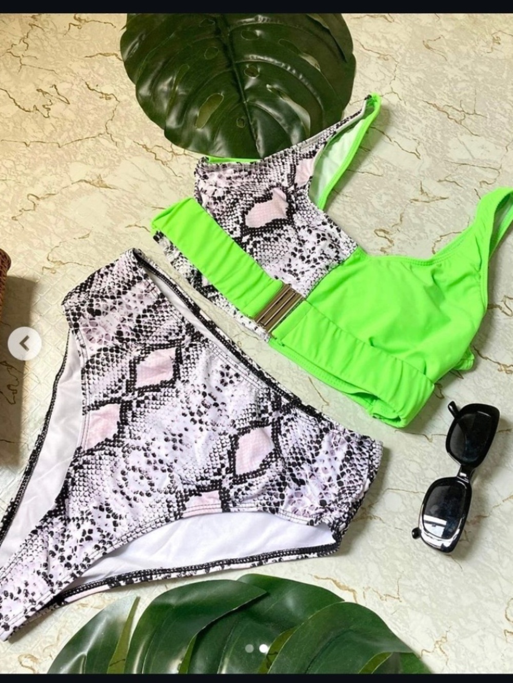Neon green and snakeskin print 2pc swim suit